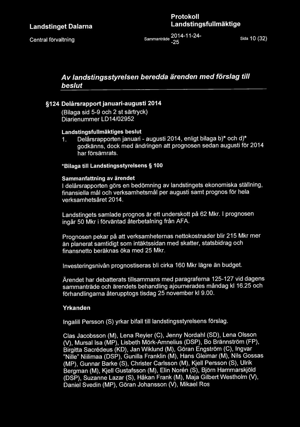 *Bilaga till Landstingsstyrelsens 100 Sammanfattning av ärendet I delårsrapporten görs en bedömning av landstingets ekonomiska ställning, finansiella mål och verksamhetsmål per augusti samt prognos