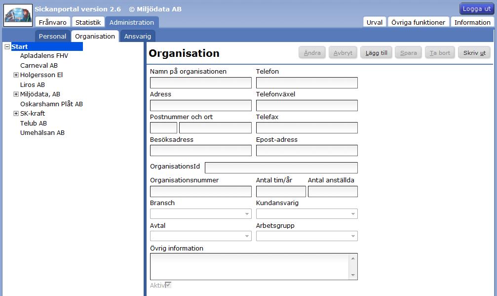 Underfliken Organisation Här hanterar du manuellt organisationsförändringar. Står du på Start i högra översta hörnet och klickar på knappen Sök visas hela organisationen.