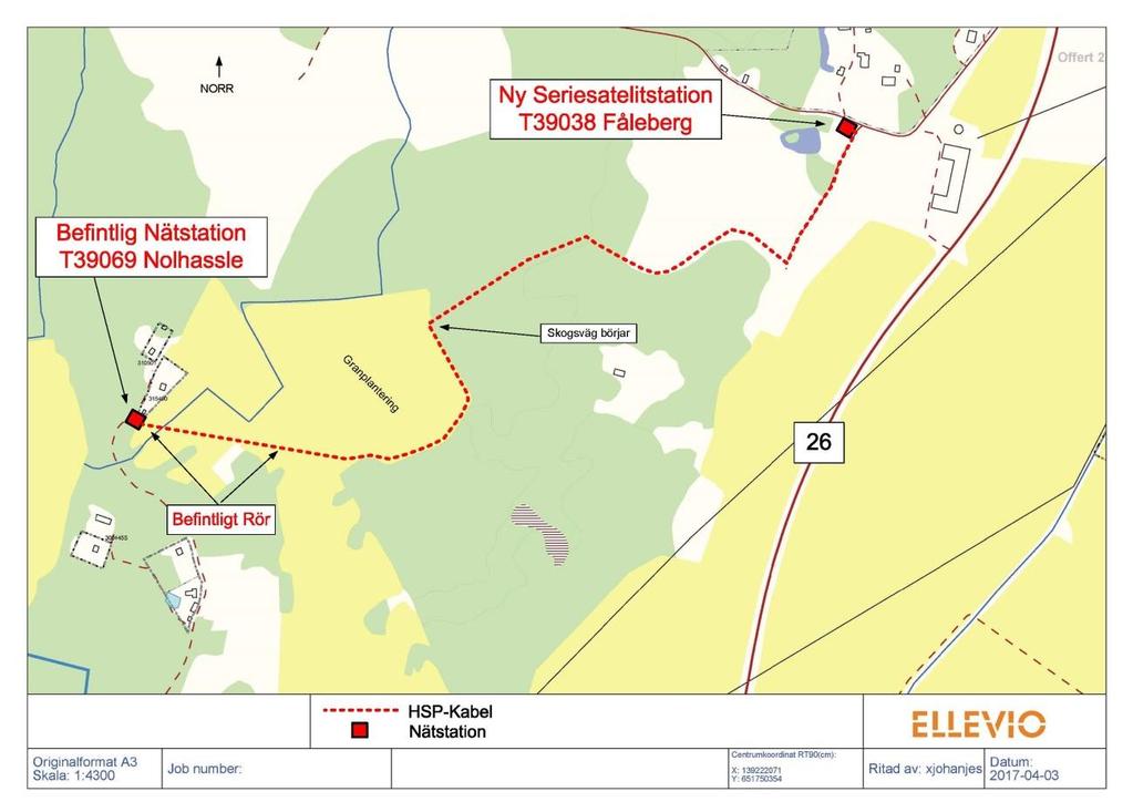 Figur 3.5 HSP översikt över sträckan T39038 Fåleberg - T39069 Nolhassle Från den befintliga stationen T39069 Nolhassle ska det förläggas en 95mm² HSP-kabel med en total längd på 1675m.