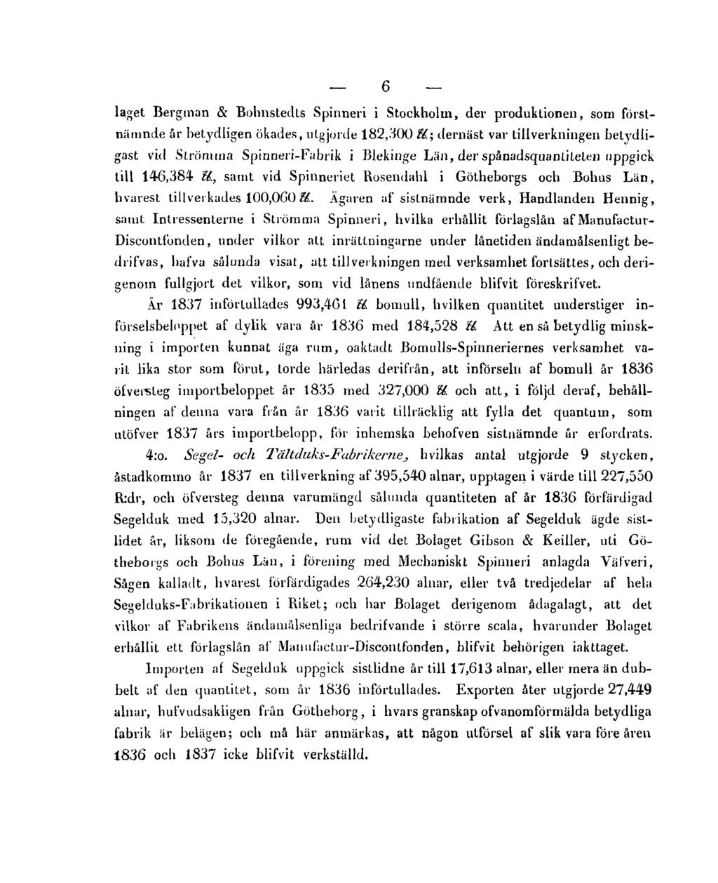 6 laget Bergman & Bohnstedts Spinneri i Stockholm, der produktionen, som förstnämnde år betydligen ökades, utgjorde 182,300 M; dernäst var tillverkningen betydligast vid Strömma Spinneri-Fabrik i