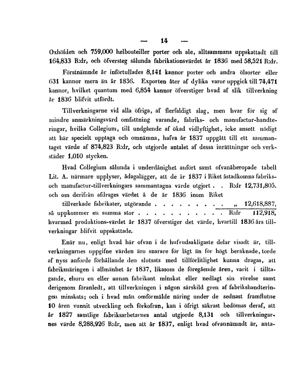 14 Oxhöfden och 759,000 helbouteiller porter och ale, alltsammans uppskattad t till 164,833 R:dr, och öfversteg sålunda fabrikationsvärdet år 1836 med 58,521 R:dr.