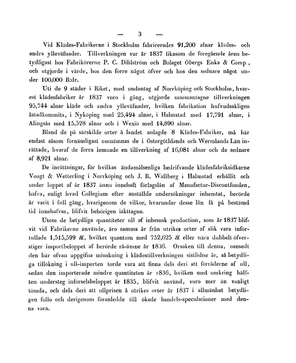 3 Vid Klädes-Fabrikerne i Stockholm fabricerades 91,200 alnar klädes- och andra ylleväfnader. Tillverkningen var år 1837 likasom de föregående åren betydligast hos Fabrikörerne P. C.