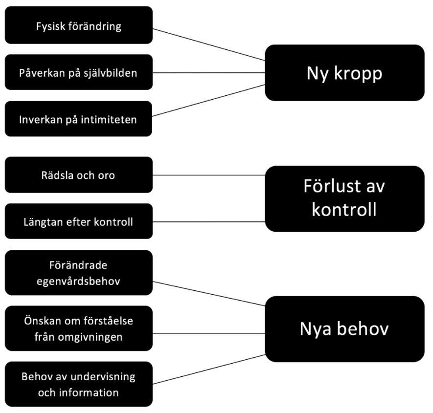 Resultat I resultatet framkom upplevelser av att leva med permanent colostomi. Ur dessa upplevelser utkristalliserades åtta subteman under tre huvudteman.