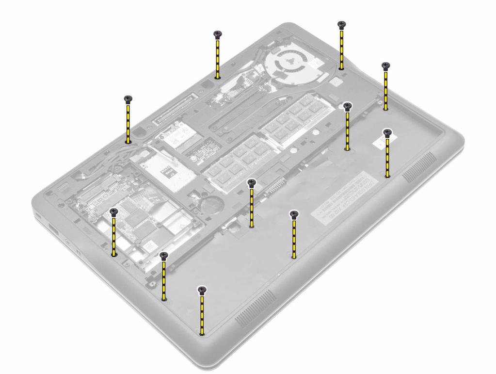 Ta bort handledsstödet 1. Följ anvisningarna i Innan du arbetar inuti datorn. 2. Ta bort: a. SD-kortet b. batteri c. kåpan d. hårddisken e. tangentbordsram f. tangentbord 3.