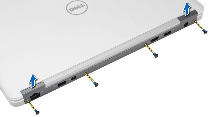 Installera kåpan för bildskärmsgångjärnet 1. Placera gångjärnshöljet och dra åt skruven för att sätta fast gångjärnshöljet på datorn. 2. Installera batteriet. 3.