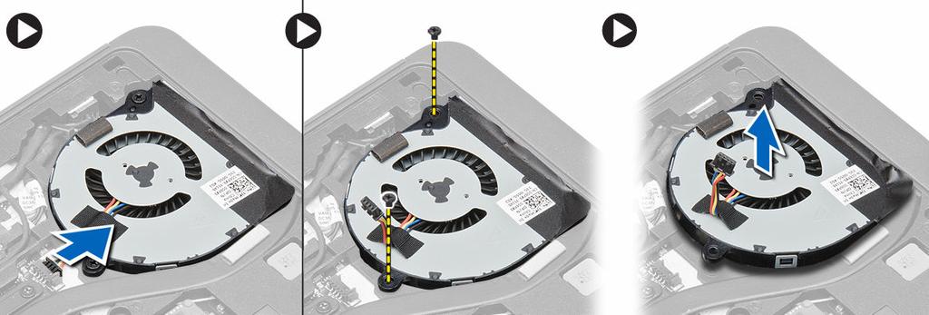 Ta bort systemfläkten 1. Följ anvisningarna i Innan du arbetar inuti datorn. 2. Ta bort: a. batteri b. SD-kortet c. kåpan 3. Koppla från systemfläktkabeln.