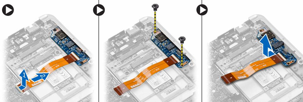 Ta bort I/O-kortet 1. Följ anvisningarna i Innan du arbetar inuti datorn. 2. Ta bort: a. SD-kortet b. batteri c. kåpan d. hårddisken e. tangentbordsram f. tangentbord g. handledsstödet h. högtalare i.