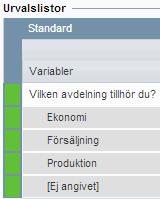 202 också alternativet [Ej angivet] vilket motsvarar de respondenter som inte svarat (om variabeln är en fråga) eller som saknar värde (om variabeln är en respondentkategori).