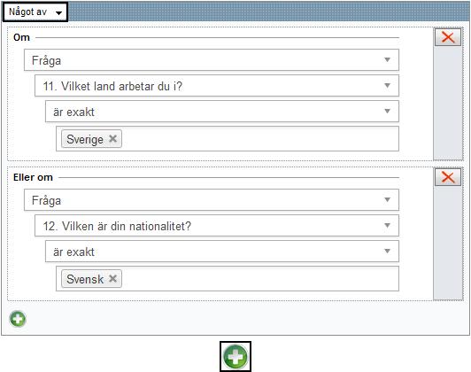 74 Slutligen ska vi lägga till frågan om kön. Vi klickar därför på knappen i mitten under de befintliga villkoren. Ett nytt block med villkor skapas då.