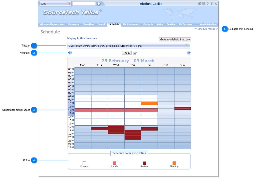 Schema Ett schema visar din arbetstid och dina automatiska hänvisningar. Tellus har två typer av scheman - system schema och personliga scheman. Endast administratörer kan redigera systemscheman.