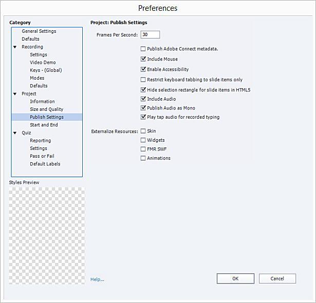 Med Advanced Project Compression kommer Captivate enbart att publicera det som skiljer mellan de olika sidorna i kursen. Compress SWF File markeras när du valt hög, medium eller låg kvalitet.