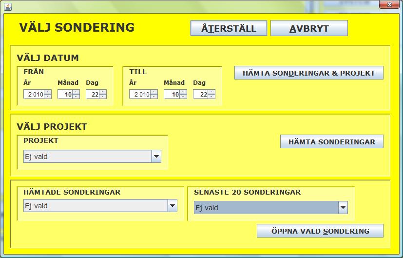 Öppna och titta på sparade sonderingar Tryck på DATA knappen för att ladda in data från en sparad sondering. Du får nu upp en dialog i vilken du kan välja en sondering på ett par olika sätt.