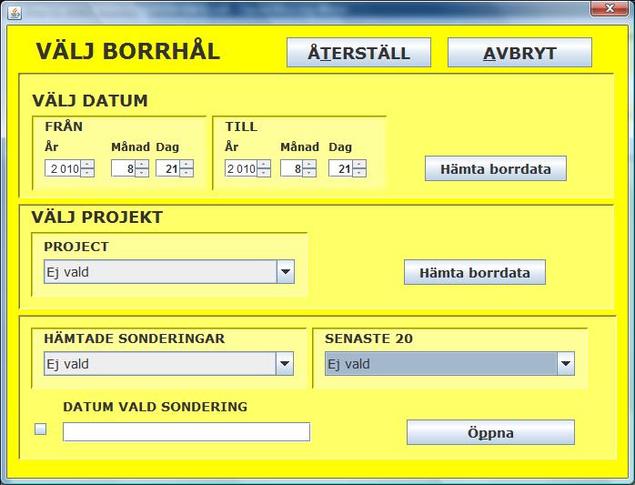Annars väljer man att sortera och filtrera sonderingarna utifrån datum och projekt. Då dyker de sonderingar som passar sökvillkoren/filtret upp under menyn HÄMTADE SONDERINGAR.