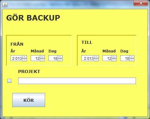 Backup och Återställning Man kan när som helst ta backup på den data man har i databasen. Detta görs genom att man trycker på knappen SYSTEM i huvudfönstret.