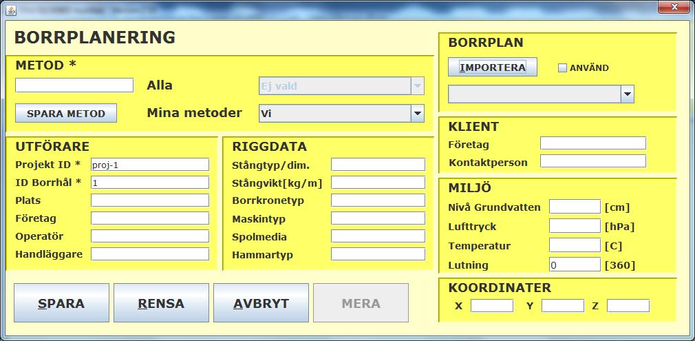 Förbered ny sondering Om man väljer NY får man en pop-up där man anger administrativ data för sonderingen.