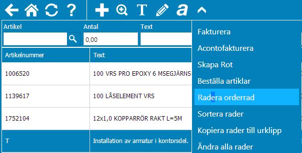 Alla artikel- och textrader du lägger till hamnar automatiskt längs ned bland alla rader.