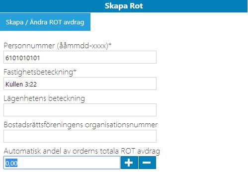 Om kundens andel för ROT-avdrag inte skall vara 100% av möjligt avdrag, kan du ange detta, skall det vara 100% kan du lämna fältet tomt så förutsätter systemet fullt avdrag