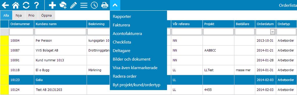 Funktioner i din orderlista I orderlistan hittar du en symbol,, vilken öppnar funktioner för att skriva ut rapporter, fakturera, checklista, deltagarlista, bilder och dokument, visa
