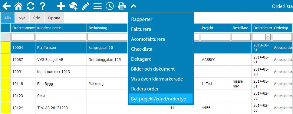 Byt projekt/kund/ordertyp Med denna funktion kan du byta vissa uppgifter på den markerade ordern.