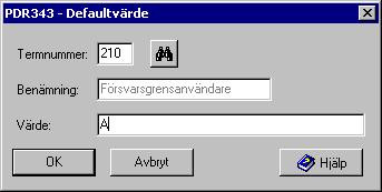 Användarhandledning Produkt Data Registrering (PDR) Indatering Sida 115(129) PDR Indatering Version: 4.5.0 Datum: 2012-03-16 har utgått PDR343 - Defaultvärde I detta formulär visas startvärdet för termen.