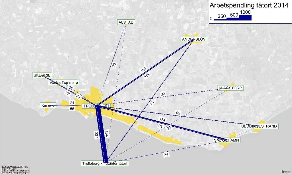 13 Figur 2-8 Inomkommunal arbetspendling på tätortsnivå. Som synes i kartbilden förekommer det ingen eller ringa arbetspendling mellan utvecklingsorterna.