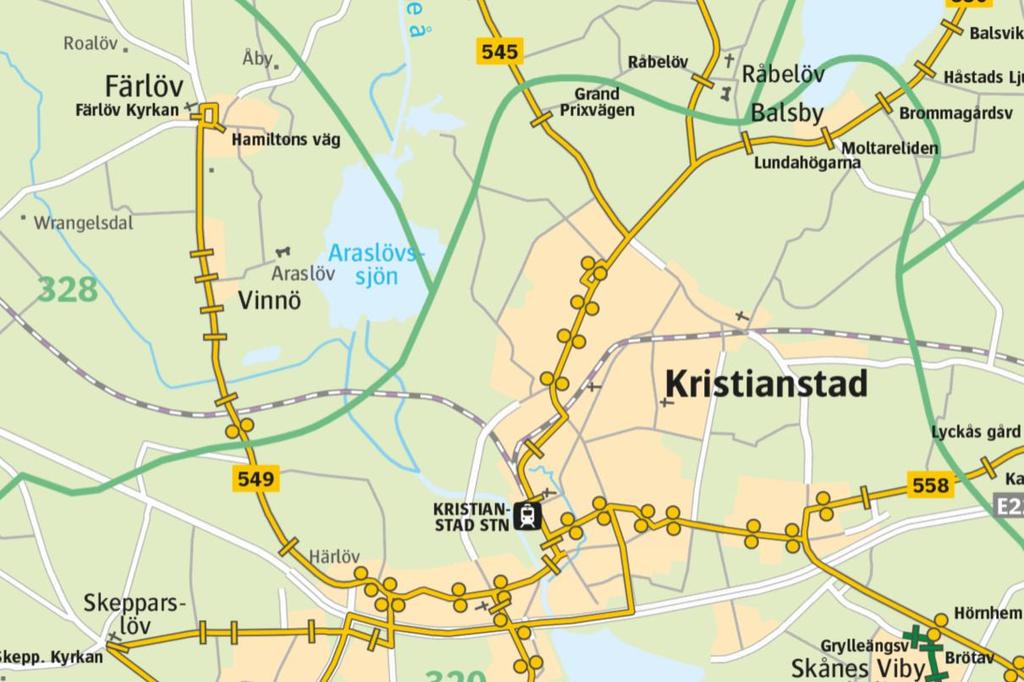 17 Färlöv och Vinnö vid Kristianstad har tillsammans 1 515 invånare och trafikeras av linje 549, se Figur 3-1. Turtätheten är halvtimmestrafik i högtrafik och timmestrafik i mellan- och lågtrafiktid.