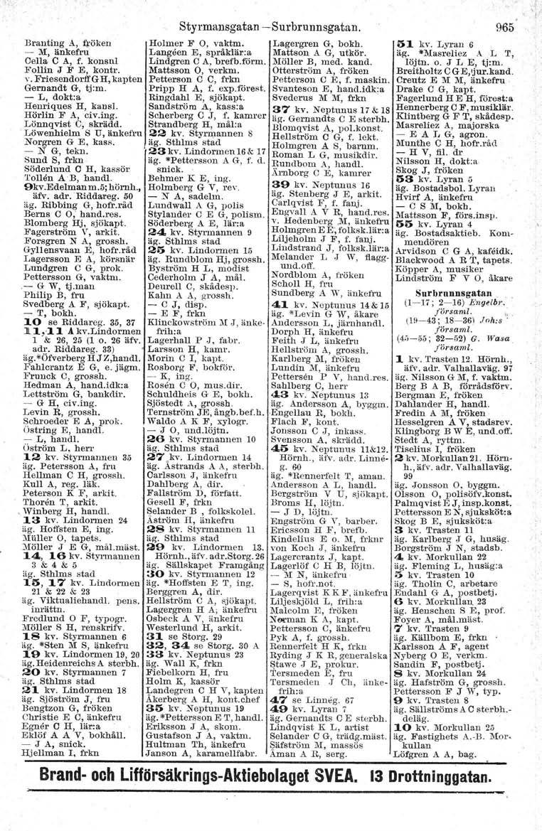 Branting AJ fröken - M, änkefru Oella O A, f. konsnl.follin J F E, kontr. y. Friesendorf!G il, kapten Gernandt G, tj:m. - L, dokt:a Henriques H, kanel. Hörlin F A, civ.ing. Lönnqvist e, skrädd.