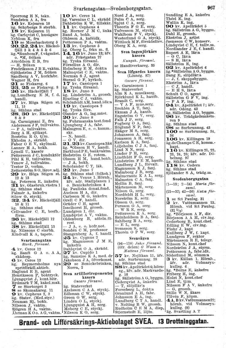 Sporrong H N, tekn. 10 kv. Ceres 14 Nord J A, serg. Sundsten A A, fru äg. Varenius C L, skrädd Palm <; A, serg. 16 kv. Kejsaren 10 Dahlström K W, tillskär. Spjut C A, serg. äg. Schybergs S sterbh.