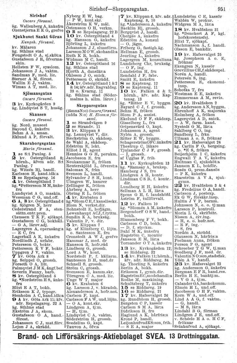 Siri_hof 'Oscars!örsaml. äg. Waljenberg A, änkefru Oxenstjerna E K G, grefve Sjukhuset Sankt Göran K'ungsh. jöreamt. kv. Mälaren Fougstedt O A, sj.sköt:a Gustafsson J R, öfvermaskin.