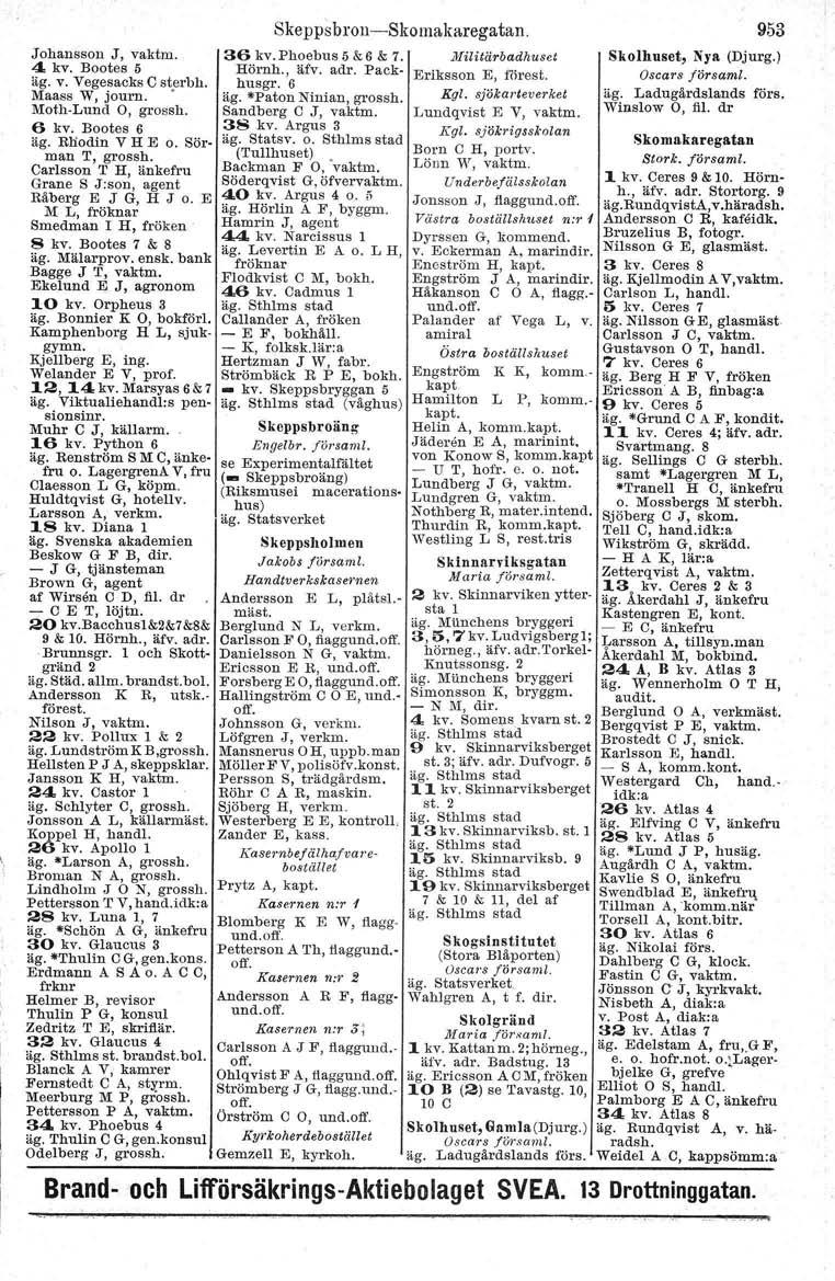 Johansson J, vaktm. 36 kv.phoebus 5 &6 & 7. "filitärbadhuset 4 kv. Bootes 5 Hörnh., äfv. adr. Pack- Eriksson E, förest. äg. v. Vegesaeks C sterbh. husgr. 6 Maass W, journ. äg. Paton Ninian, grossh.