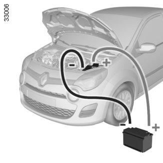 BATTERI: Starthjälp (forts.) Start med hjälpstartbatteri Är bilens batteri urladdat kan ström erhållas från ett annat batteri med hjälp av en sats startkablar enligt följande.