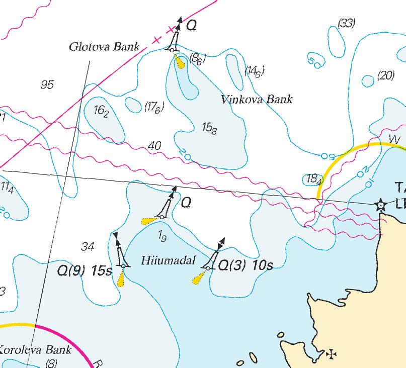 7 Nr 309 6429 Sjökort/Chart: 6 Estland. Norra Östersjön. Norr om ön Hiiumaa. Hiiumadal grund. Ljus etablerat på bojar. Ljus har etablerats på följande bojar.