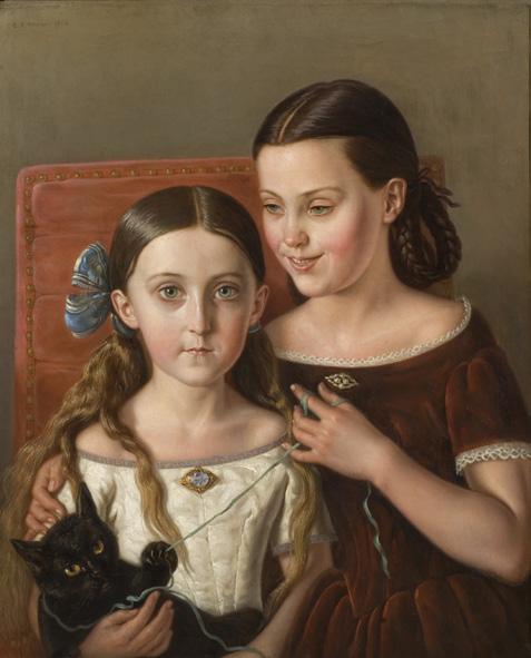 Brorsdöttrarna Sigrid och Anna Mazér, 1858 Carl Peter Mazér Här ser vi ett dubbelporträtt av två flickor och en liten svart katt. Målningen heter Brorsdöttrarna Sigrid och Anna Mazér.