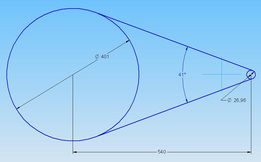 Figur 5. Geometriskt förhållande mellan kedjehjulens storlek och läge. Skissen visade med ingenjörsmässig noggrannhet att kedjans vinkel mot det drivande kedjehjulet blir 41. 3.