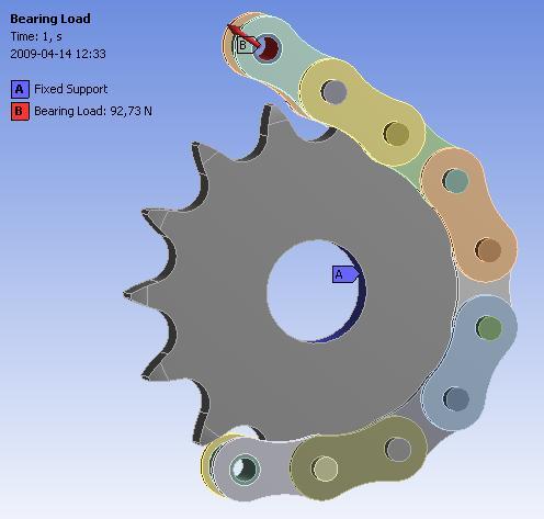 Därefter importerades denna modell till ANSYS där kontakter samt randvillkor och laster definierades. Modellen innehöll nu hela 97 kontaktytor.