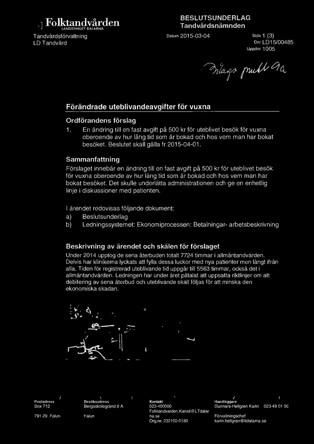 En ändring till en fast avgift på 500 kr för uteblivet besök för vuxna oberoende av hur lång tid som är bokad och hos vem man har bokat besöket. Beslutet skall gälla fr 2015-04-01.