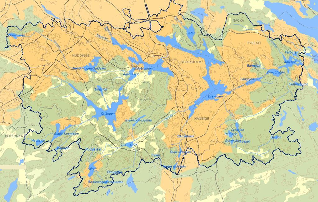 2. Tyresåns avrinningsområde Ett tätbefolkat och sjörikt avrinningsområde Tyresåns avrinningsområde är 220 km 2 stort och omfattar cirka 30 sjöar inom ett för svenska förhållanden tättbefolkat och