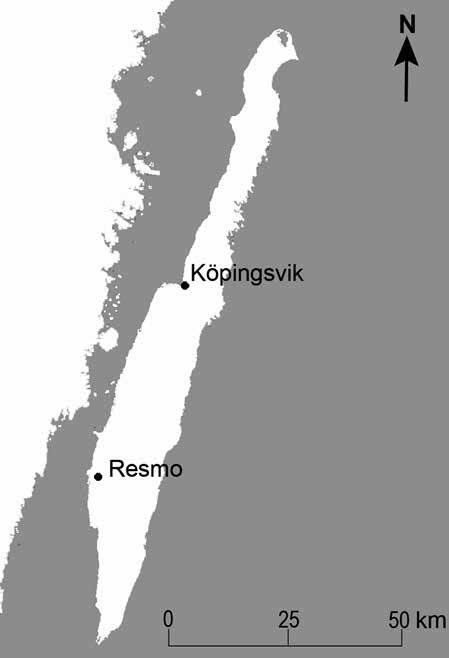 in Situ 94 Dieter och identiteter 1. Öland med lokalerna Resmo (megalitgravar) och Köpingsvik (gropkeramiska gravar) markerade.