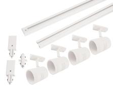 Armaturerna är gjorda av vitlackerad aluminium med en kupa av frostat glas och har en klar frontlins som sitter väl avbländad inne i glaskupan. De är försedda med 230V adapter för Spotline-skensystem.