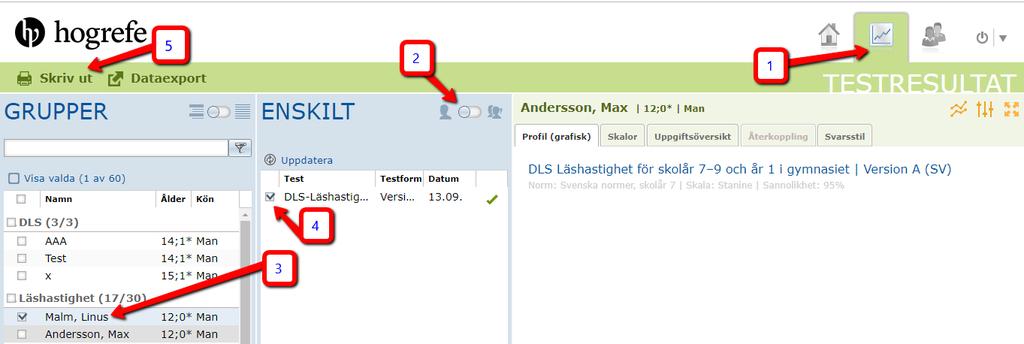 6. Skapa rapport med en persons testresultat På fliken Testresultat (1) ställer du reglaget (2) i Individuellt läge.