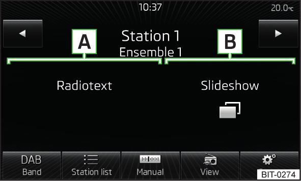 Symbol Betydelse Alternativt frekvensband AF är frånkopplat (FM) Signal inte tillgänglig (DAB) Om ett genomgående byte av ett visat stationsnamn (dynamisk text) sker, är det möjligt att låsa den