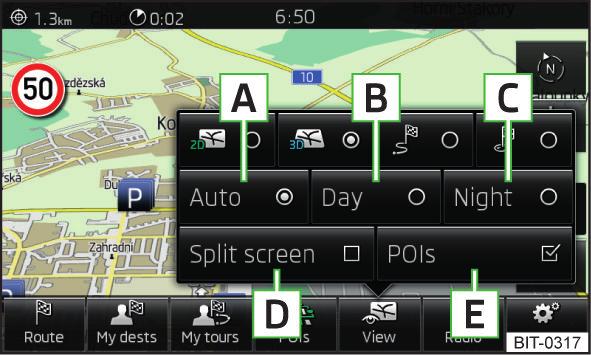 Alternativ för kartvisning Extra fönster Bild 33 Alternativ för kartvisning Läs och beakta först och på sidan 55. Växling mellan olika visningsvarianter för navigationskartan beroende på sammanhanget.