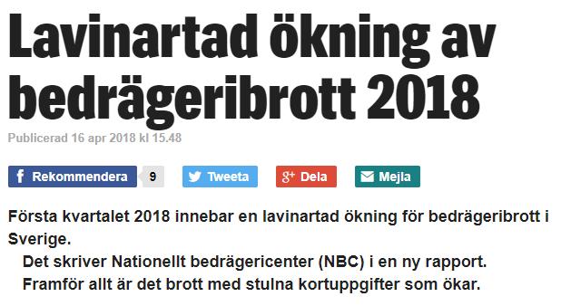 2016 205 103 bedrägerianmälningar 2017 208 688 bedrägerianmälningar 1,75% ökning Jan-feb 2018 30%-ökning 90% av anmälningarna har privatkonsumenter som målsägare 90% av anmälda bedrägerier är
