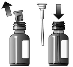 ml): Tryck ned och vrid den barnskyddande skruvkorken för att öppna flaskan.