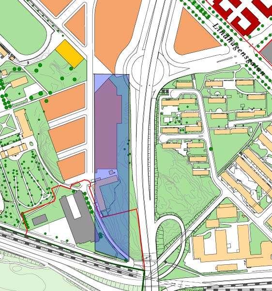 Stadsbyggnadskontorets skiss över området Den blå skuggade markeringen visar förslag på placering av kontor och idrottshallar Förslag till markanvisning Exploateringskontoret föreslår att NCC AB