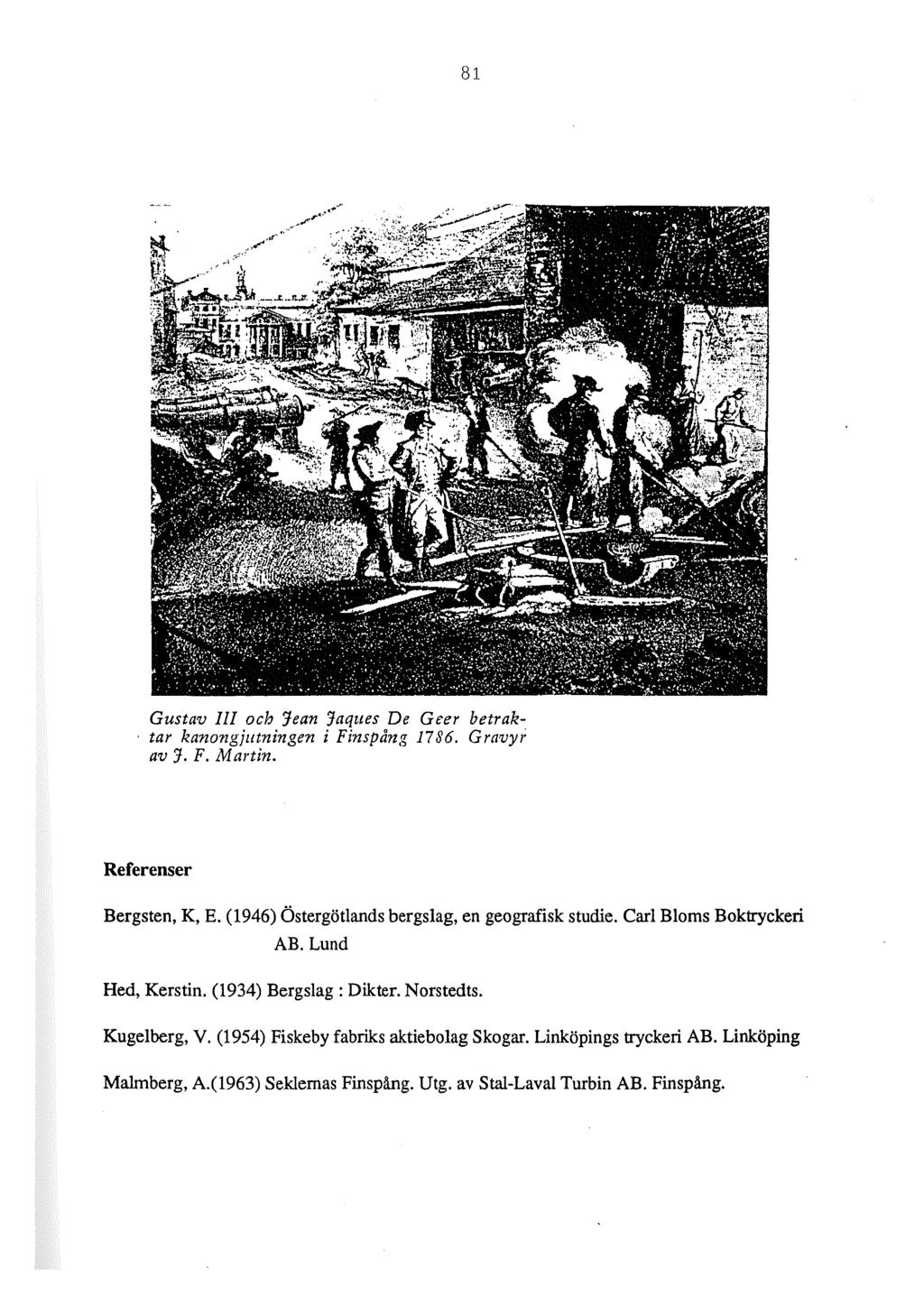 81 Gustav III och Jean 'Jaques De Geer betraktar kanongjutningen i Finspång 1786. Gravy/; av 'J. F. Martin. Referenser Bergsten, K, E. (1946) Östergötlands bergslag, en geografisk studie.