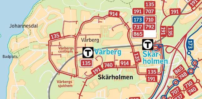 2.3 Kollektivtrafik Vårbergsvägen trafikeras av busslinje 740 som går mellan Skärholmen centrum och går mot Flemingsberg, Huddinge centrum eller Tumba centrum samt busslinje 191 vilken ersätter