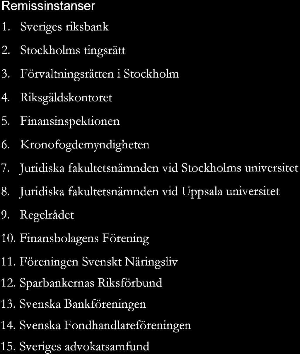 Förvaltningsrätten Riksgäldskontoret Finansinspektionen i Stockholm 6 Kronofogdemyndigheten 7. juridiska fakultetsnämnden vid Stockholms universitet 8.