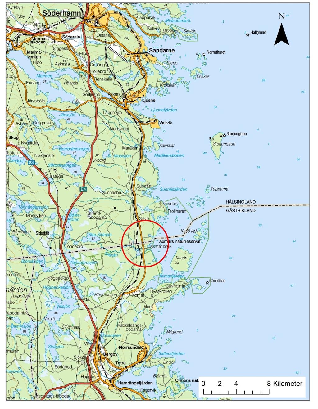 Bild 1. Översiktskarta med undersökningsområdet markerat med röd ring.