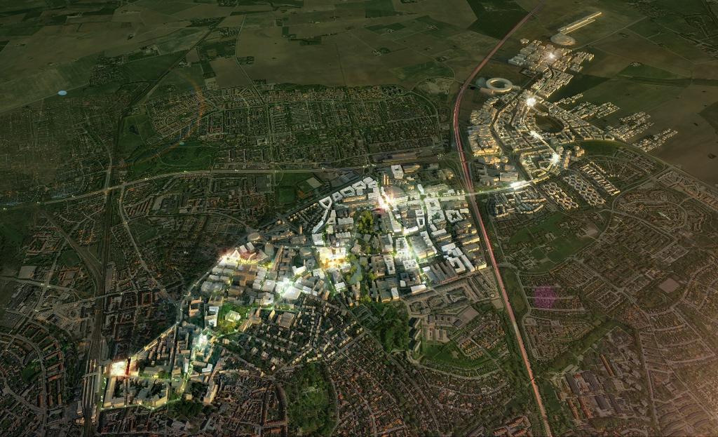 Kunskapsstråket, Lund C i sydväst och Brunnshög i nordost, däremellan Skånes Universitetssjukhus, Campus och Ideon.
